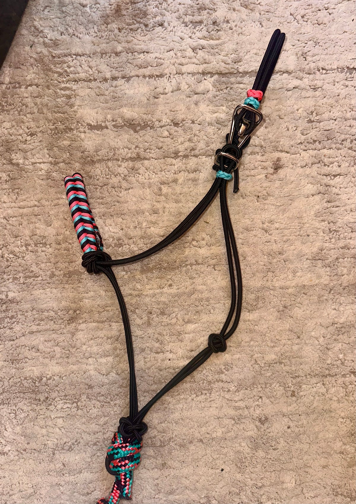 Turquoise, Pink & Black Leadrope with Easy Hook Rope Halter with noseband