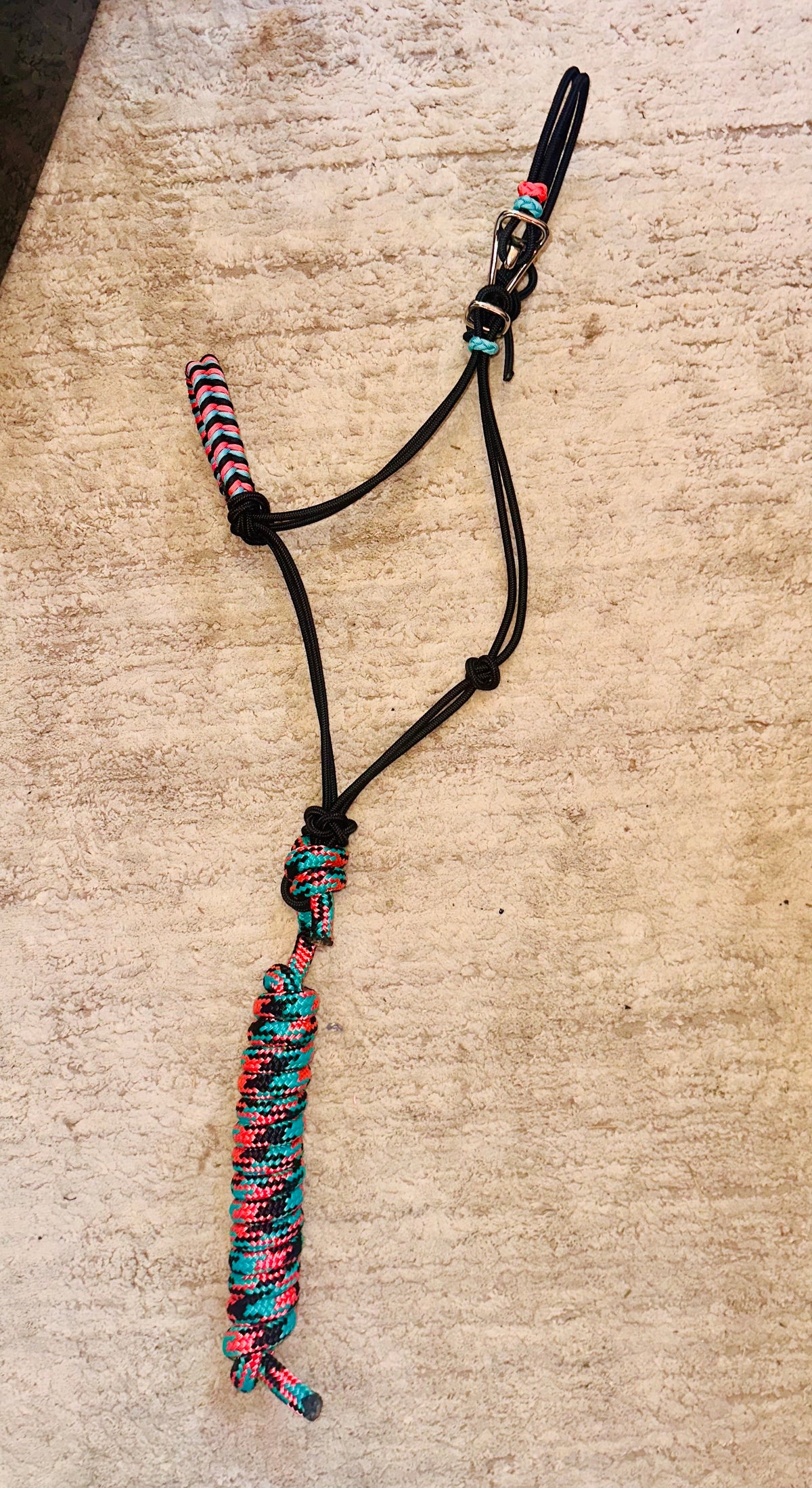 Turquoise, Pink & Black Leadrope with Easy Hook Rope Halter with noseband